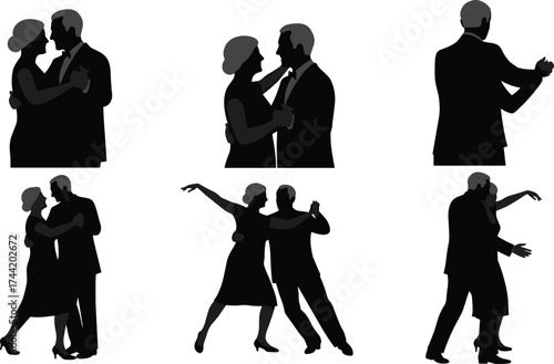 Elegant ballroom dance couple silhouettes in formal attire performing romantic partner choreography, graceful movement, tango, waltz, salsa, passion, performance, celebration