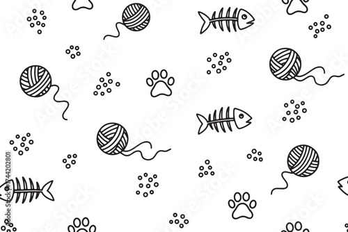 Seamless pattern isolated on white background featuring playful cat elements like yarn balls, fish bones, paw prints, and scattered dots for a fun design vector illustration