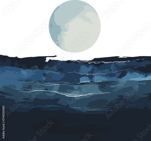 A calm digital illustration of a full moon reflecting over dark blue ocean waves, evoking a tranquil and meditative night seascape.