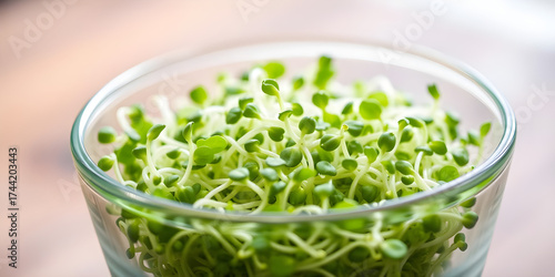 Closeup of fresh broccoli sprouts in a glass bowl, vibrant green leaves, soft natural lighting, , macro photography, organic health food concept