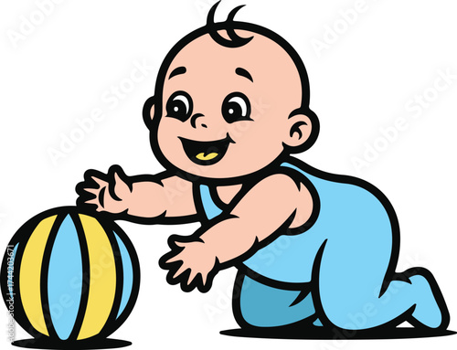 Baby boy playing with ball bold line art silhouette isolated on white background