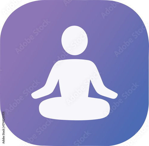 A minimalist white icon of a person meditating in a lotus position on a soft purple-to-blue gradient background, symbolizing peace and mindfulness.