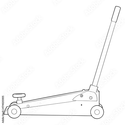 Black and white line drawing of a hydraulic car jack with a handle Keywords: hydraulic car jack, car jack