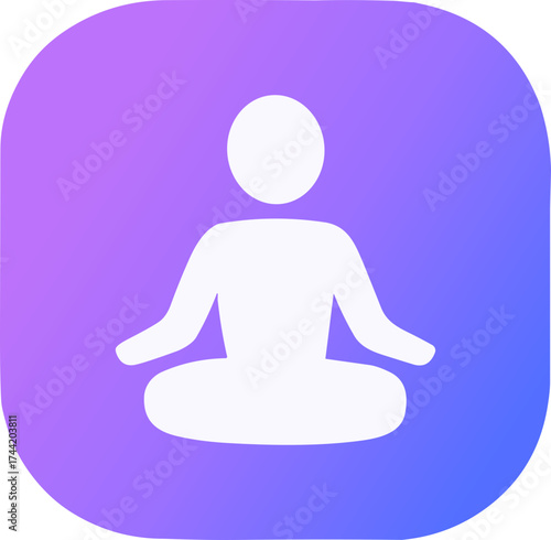 A minimalist white icon of a person meditating in a lotus position on a soft purple-to-blue gradient background, symbolizing peace and mindfulness.