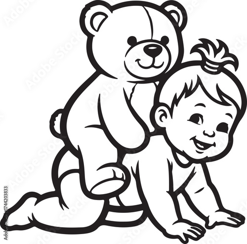 Baby girl crawling with teddy bear silhouette bold line art isolated on white background