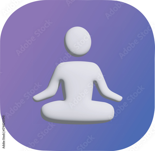A 3D white icon of a person meditating in a lotus position on a smooth purple-to-blue gradient background, symbolizing peace, mindfulness, and balance.