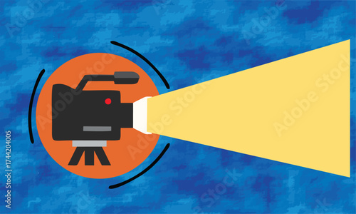 Modern flat design video camera recording with bright light beam on abstract blue background symbolizing filmmaking creativity