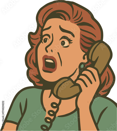A shocked retro-style woman holding a vintage telephone receiver, drawn in 1950s comic art style with expressive emotion and muted earthy tones.