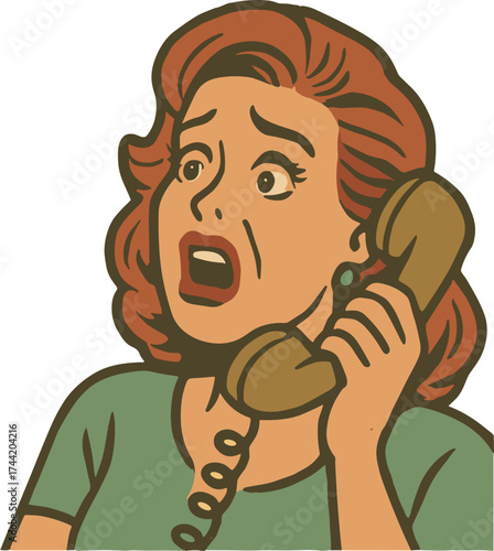 A shocked retro-style woman holding a vintage telephone receiver, drawn in 1950s comic art style with expressive emotion and muted earthy tones.