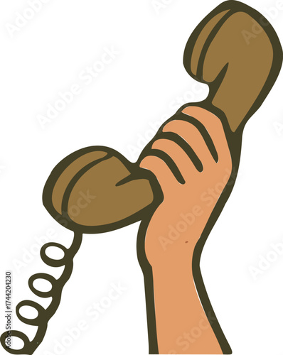 A retro-style illustration of a hand holding a vintage telephone receiver with a coiled cord, drawn in muted earthy tones and classic comic art style.
