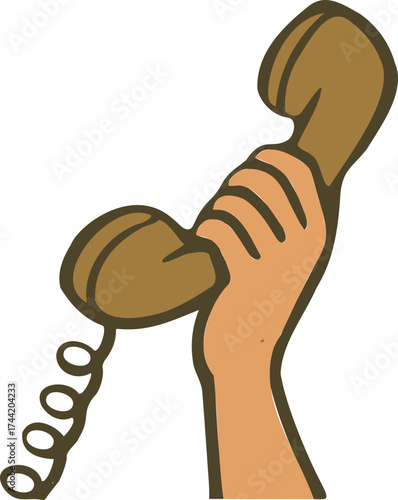 A retro-style illustration of a hand holding a vintage telephone receiver with a coiled cord, drawn in muted earthy tones and classic comic art style.