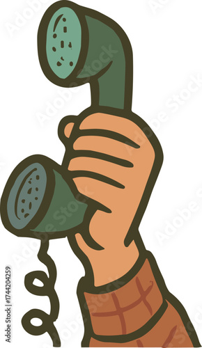 A vintage-style illustration of a hand holding a green retro telephone receiver, drawn in a muted comic art palette with nostalgic 1950s tones.