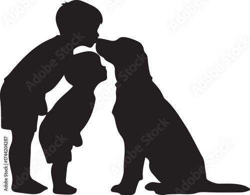 Children hugging kiss a dog silhouette isolated on white background