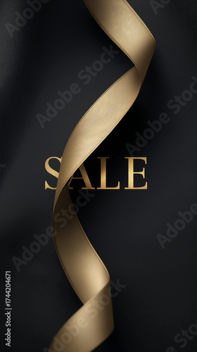 Elegant vertical background with gold SALE typography on matte black surface, subtle ribbon texture, minimalist premium Black Friday design, high quality stock photo, natural light, ultra realistic