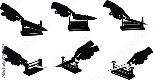 Hand silhouettes sharpening knife with guided sharpening tool, kitchen blade maintenance, honing, cutting edge care, professional cooking vector illustration