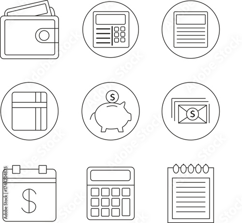 Financial Icons Wallet, Calculator, Piggy Bank & Calendar
