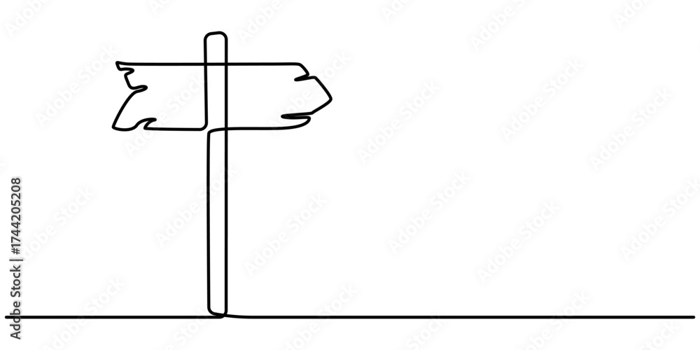 Obraz premium Continuous line drawing of wooden direction signboard on post. Vector sketch of old guidepost with board in shape of arrow in one black contour isolated on white background. 