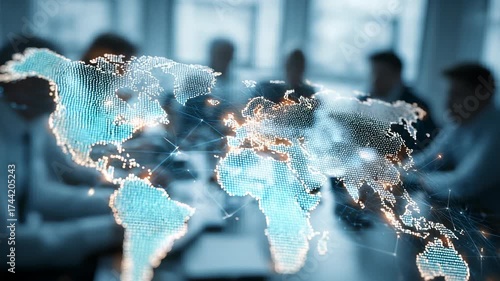 Global Business Meeting with Digital World Map Overlay, International Collaboration and Technology Integration, Corporate Strategy and Globalization Concept