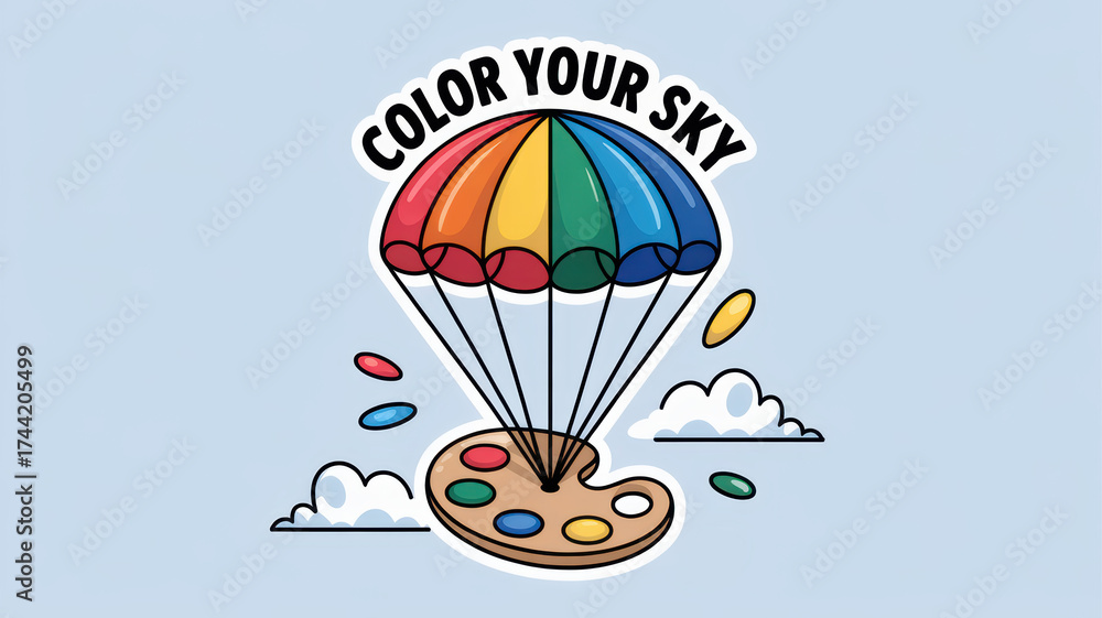 Fototapeta premium Rainbow parachute descends with artist's paint palette and colorful drops on light blue sky background
