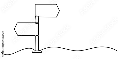 Continuous line drawing of wooden direction signboard on post. Vector sketch of old guidepost with board in shape of arrow in one black contour isolated on white background. 