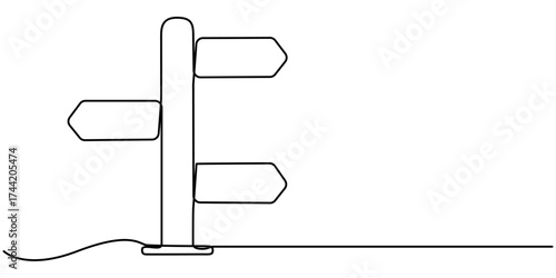 Continuous line drawing of wooden direction signboard on post. Vector sketch of old guidepost with board in shape of arrow in one black contour isolated on white background. 