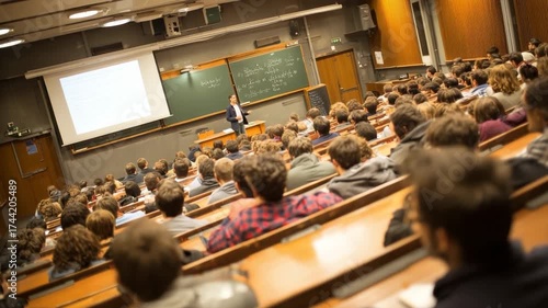 Large lecture hall filled with students and a professor teaching.