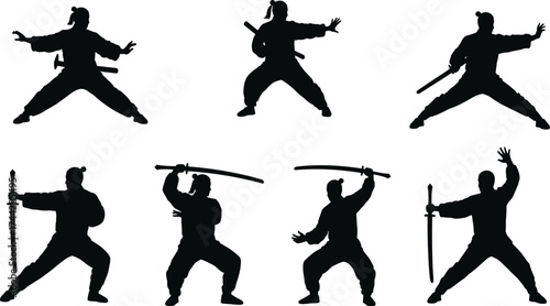 Martial arts silhouettes practicing unarmed stances and sword fighting poses, samurai warriors training, combat action, Japanese culture vector illustration design"