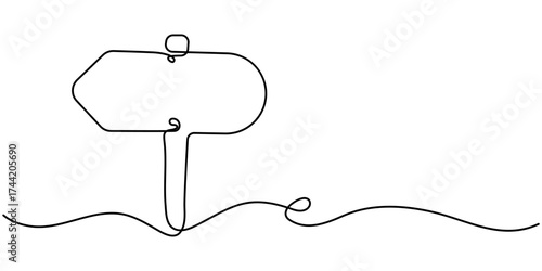 Continuous line drawing of wooden direction signboard on post. Vector sketch of old guidepost with board in shape of arrow in one black contour isolated on white background. 