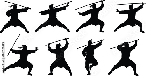 Martial arts sword fighter silhouette poses set, samurai warrior training stances, combat action movements, traditional Japanese weapon practice illustration