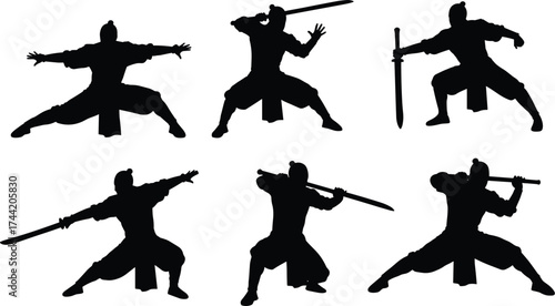 Martial arts sword silhouette vector illustration set featuring samurai warrior poses, traditional katana stances, combat training, cultural discipline, Japanese fighting design