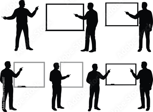 Male teacher silhouette, whiteboard gesture, formal attire, classroom pose, instructor stance, blank board, teaching posture, education concept, seminar style, academic scene