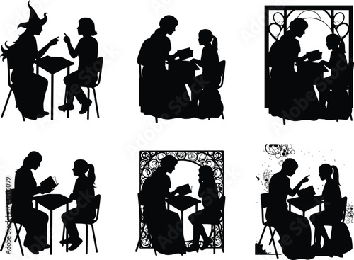 Parent child reading, teacher student discussion, silhouette illustration, table interaction, educational moment, learning support, tutoring scene, caring gesture, study time, mentorship concept