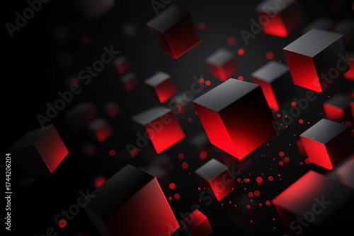 Flat vector background with floating 3D sale cubes, black backdrop, glowing red highlights, Black Friday theme
