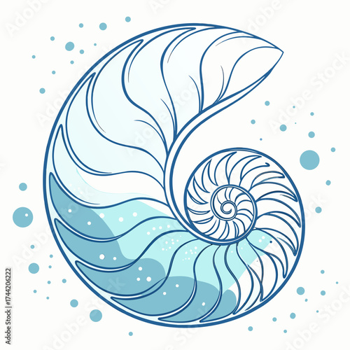 Blue watercolor spiral seashell of Vector illustration