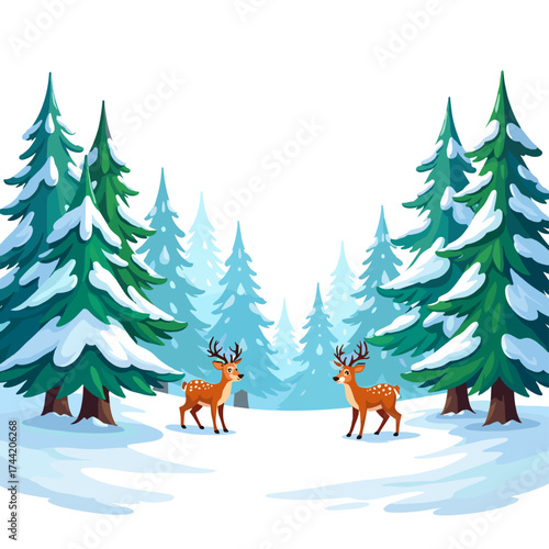 Peaceful winter forest landscape with five snow-covered pine trees standing in soft white snow symbolizing calm nature beauty and the quiet magic of the cold season