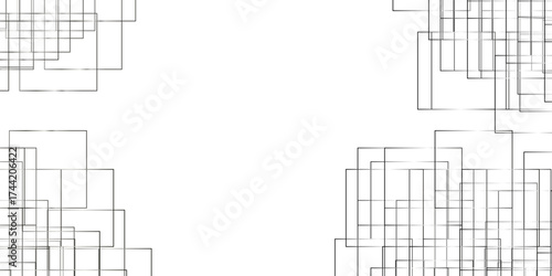 Abstract white background design with layers of textured white transparent material in triangle and squares shapes. Black and white abstract painting with many squares and rectangles.