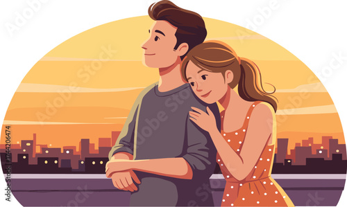 Romantic couple standing together on rooftop balcony at sunset city skyline, intimate moment, love, relationship, urban lifestyle, peaceful evening illustration