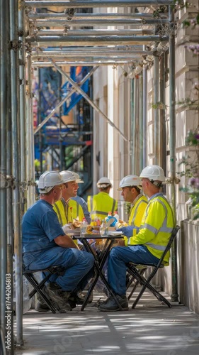Construction workers gather for lunch under scaffolding on a sunny day, enjoying their meal and break.