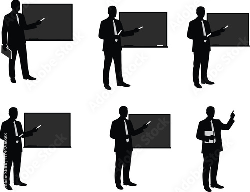 Teacher silhouette, classroom lecture, education concept, formal attire, chalkboard presentation, instructor pose, academic setting, seminar scene, teaching gesture, blank board