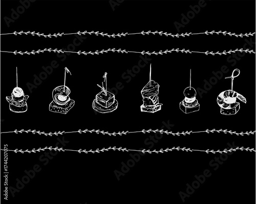 Frame of canape set highlighted on black background. Hand-drawn vector black and white illustration. Small sandwich strung on skewer. Snacks for alcohol, appetizer.