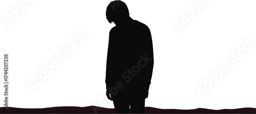 Sad silhouette vector illustration of a lonely person standing with slouched posture, symbolizing depression, stress, anxiety, solitude, and emotional struggle