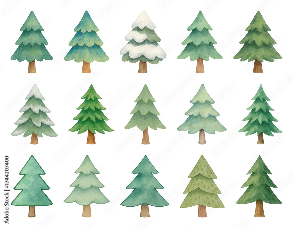 Obraz premium PNG Watercolor evergreen trees collection, element set on transparent background
