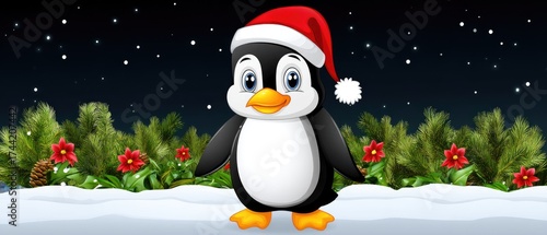Cute penguin wearing a Santa hat standing on snowy ground with festive flowers and greenery in the background during a winter celebration