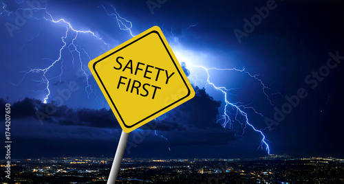 Safety first symbols, work safety, caution work hazards, danger surveillance, zero accident concept. Wooden cubes with smart grey background. Employees safety awareness at workplace. Safety banner.