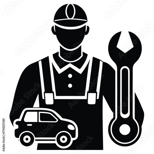 Black silhouette icon of a mechanic holding a car and a wrench with a cap and overalls Keywords: mechanic