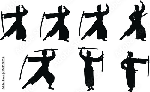 Samurai warrior silhouettes practicing traditional katana martial arts stances and sword fighting poses, Japanese swordsmanship training vector illustration design