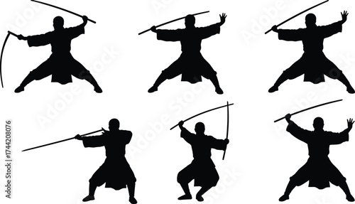 Samurai warrior sword fighting silhouettes, traditional Japanese martial arts poses with katana, kendo training stances, kenjutsu combat vector illustration