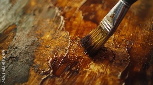 Craftsman meticulously applies rich wood stain with a brush, highlighting textured grain and achieving a lustrous, protective finish for furniture restoration.