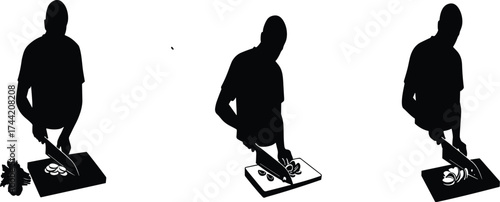 Silhouette chef chopping vegetables on cutting board with knife, black figure cooking sequence showing food preparation process in kitchen illustration