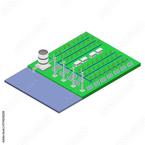 Irrigation of crops with solar panels and an isometric windmill